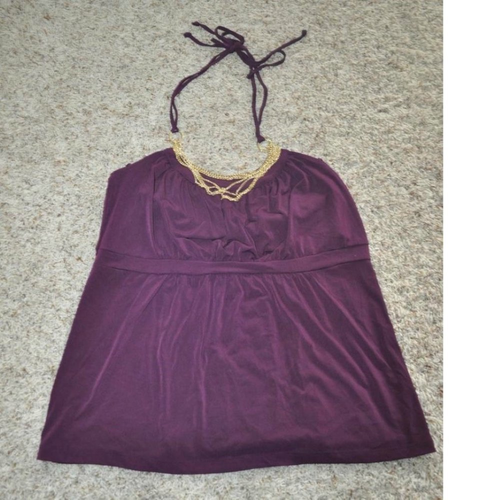 Womens Halter Top Apt 9 Purple Small with Attached Gold Necklace Stretch Empire